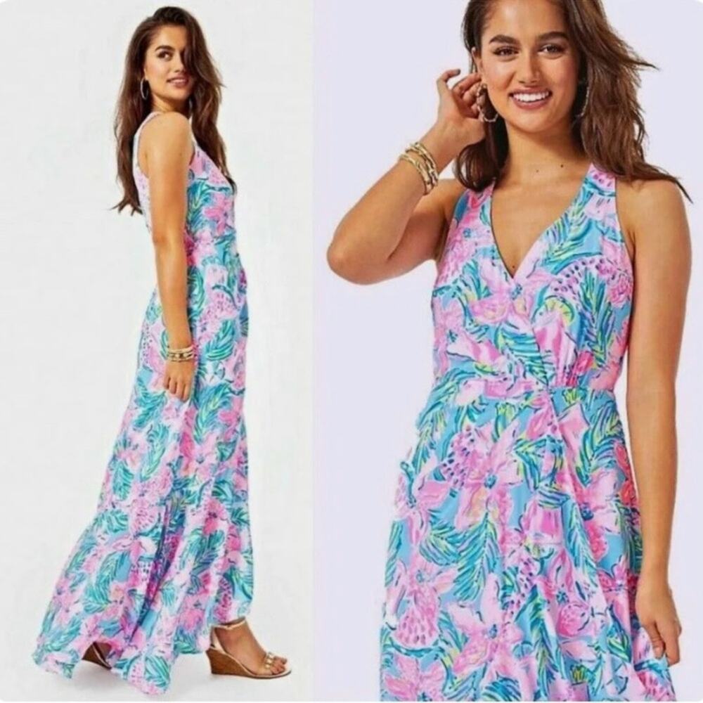Lilly Pulitzer Taylee Blue Ibiza Gimme The Juice Flounce Maxi Dress sz 6 Preppy